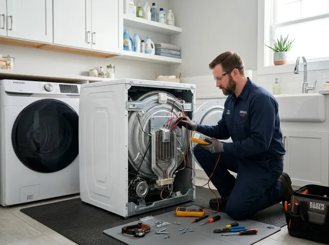 Appliance Repair Hero technician checking a dryer heating element with the rear panel off in Aztec, NM