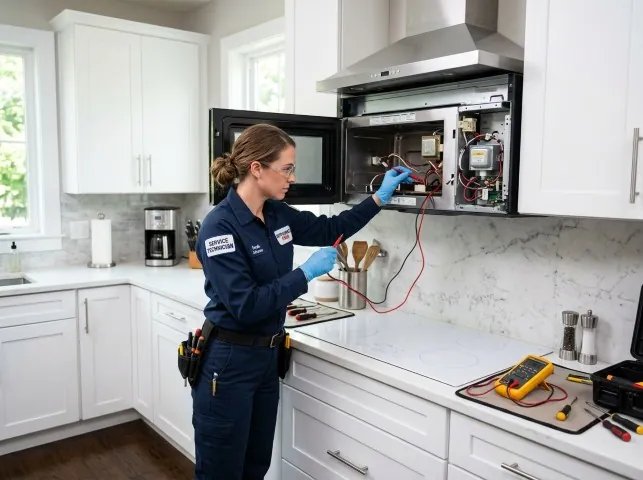 Appliance Repair Hero technician testing an over-the-range microwave in a Aztec, NM kitchen