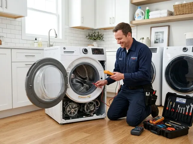 Appliance Repair Hero technician testing a front-load washer with a multimeter on a Aztec, NM service call